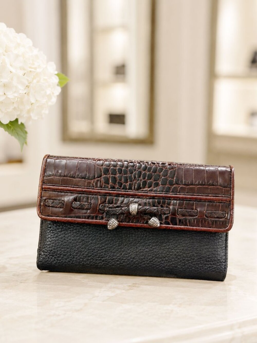 Brighton Trifold Leather Wallet Black Brown Croc Embossed Braided Bow Detail